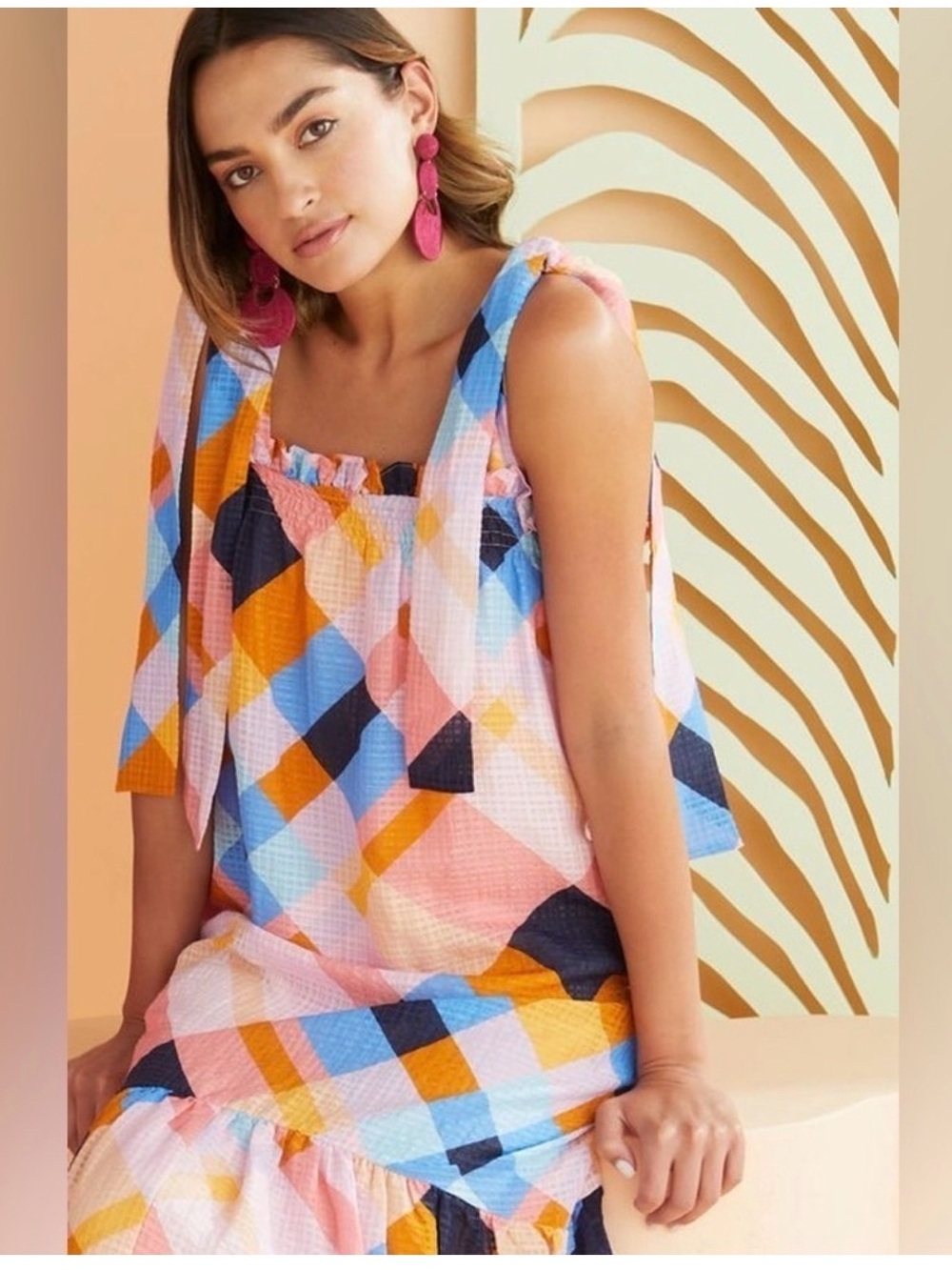 Marie Oliver Maya Printed Midi $350 Multicolor Check Tie-Shoulder